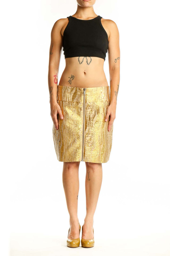 Gold metallic mini skirt with front zip closure by BCBG MaxAzria, front view