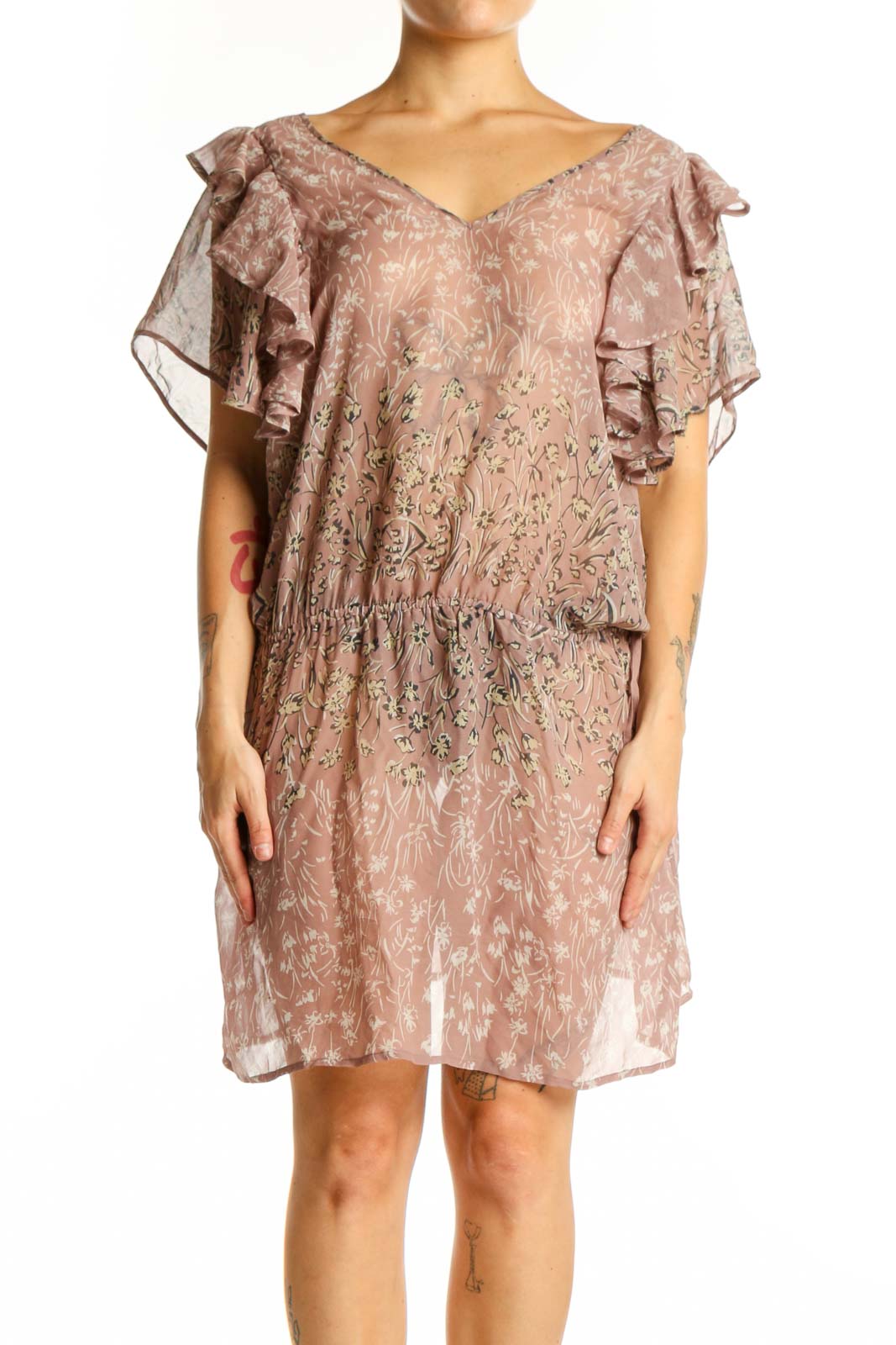 Beige floral silk dress with ruffled flutter sleeves and V-neckline, front view