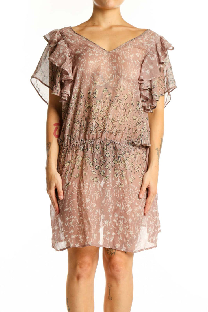 Beige floral silk dress with ruffled flutter sleeves and V-neckline, front view