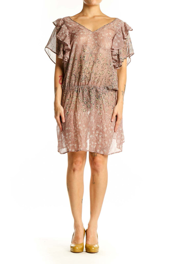 Beige floral silk dress with ruffled flutter sleeves and V-neckline, front view