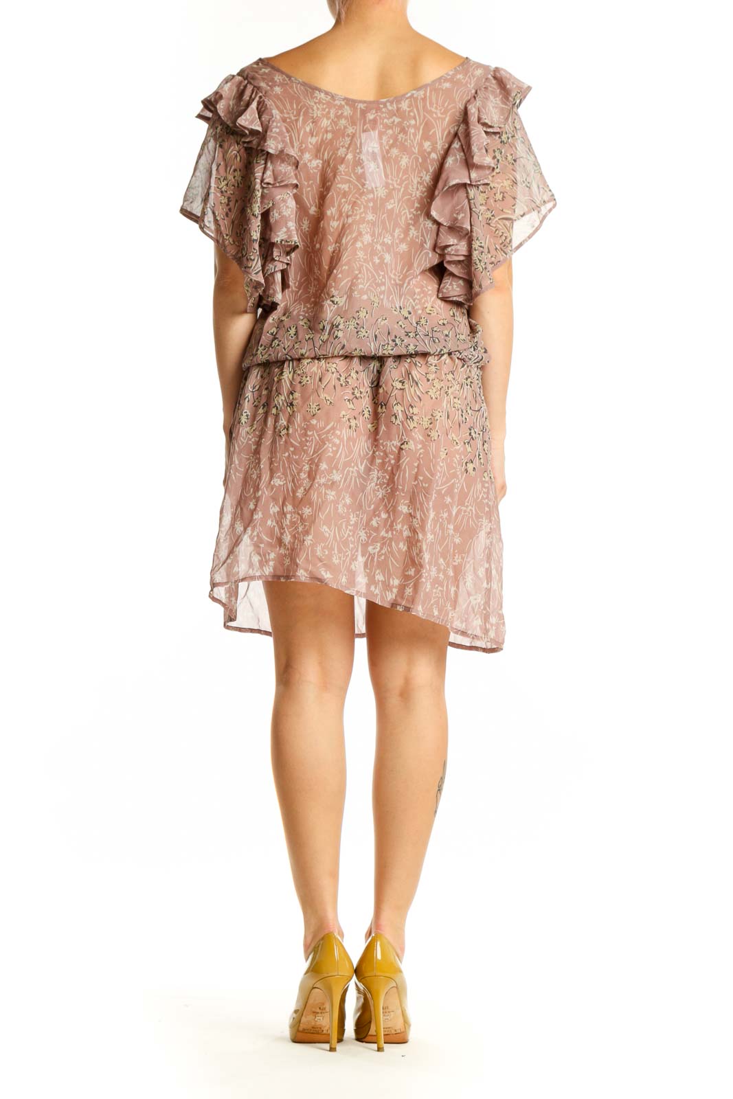 Beige floral silk dress with ruffled flutter sleeves and gathered waistline, back view