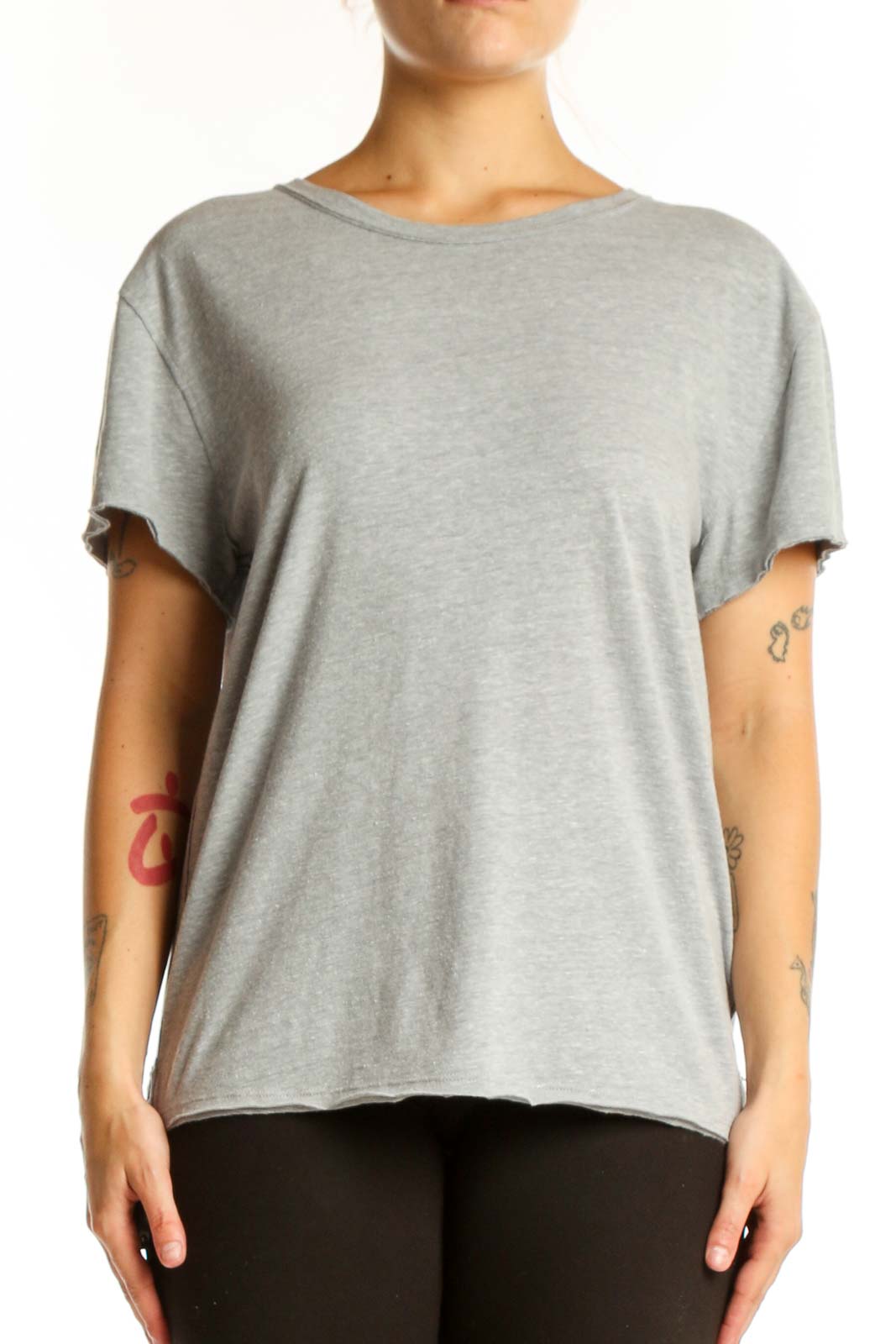 Gray organic cotton short sleeve crew neck tee by WE THE FREE, front view on model