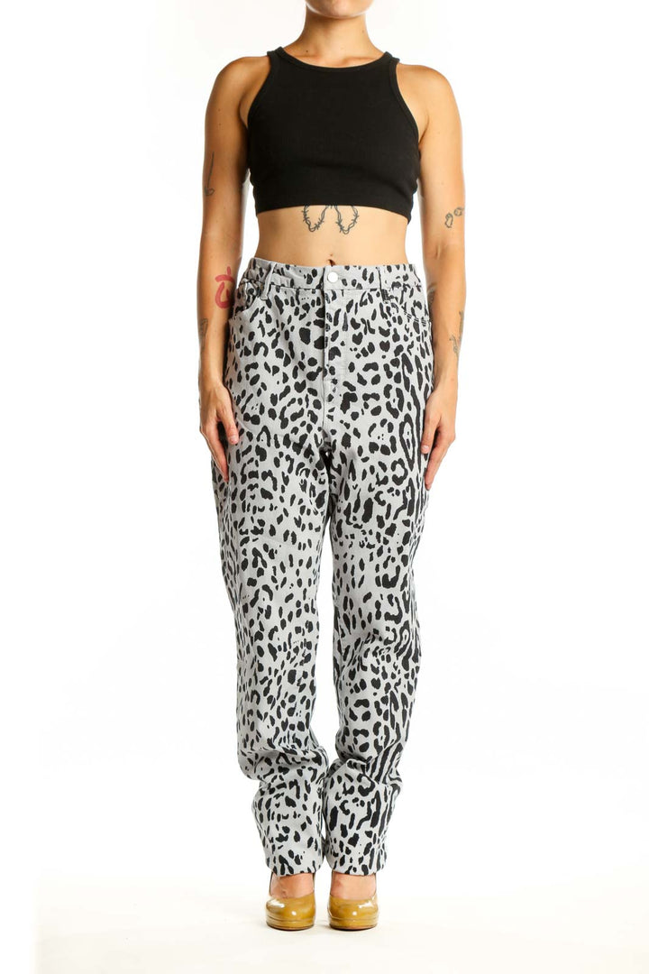 Front view of white and black leopard print denim jeans by Good American, size XXL, high-waisted straight-leg fit