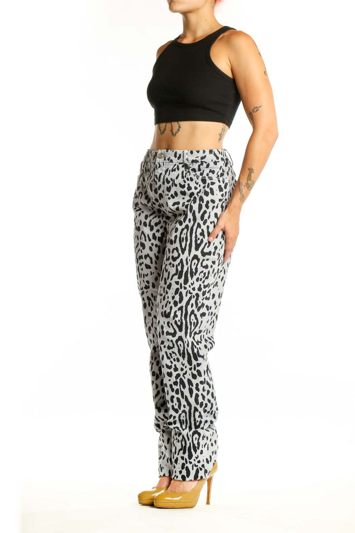 Front view of white and black leopard print denim jeans by Good American, size XXL, high-waisted straight-leg fit
