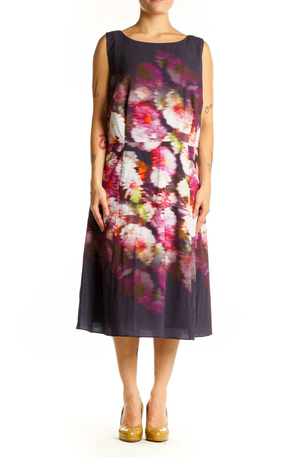 Navy floral A-line midi dress with pink and magenta watercolor blooms, sleeveless crew neckline, front view