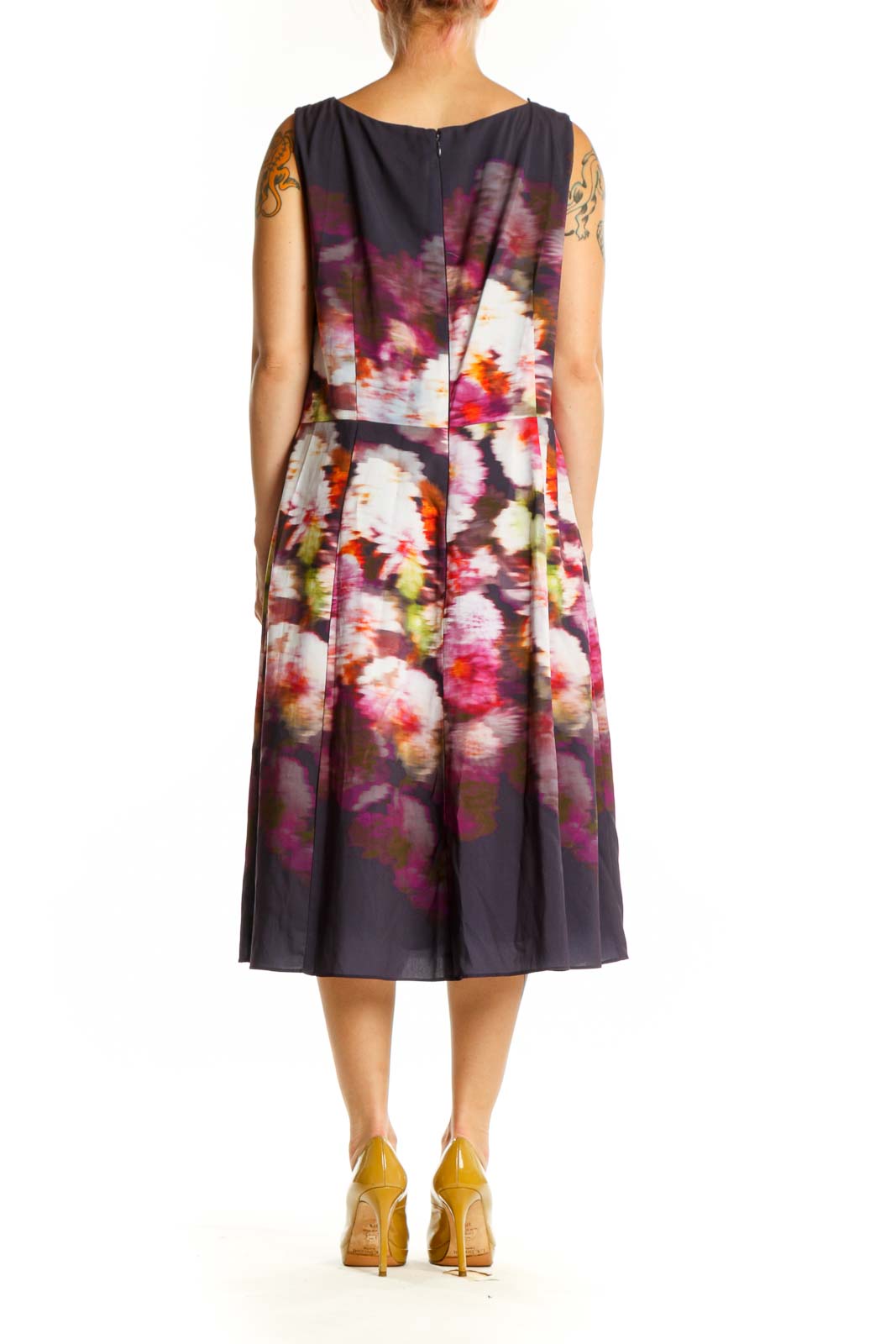 Navy floral A-line midi dress back view showing elegant drape and vibrant floral pattern