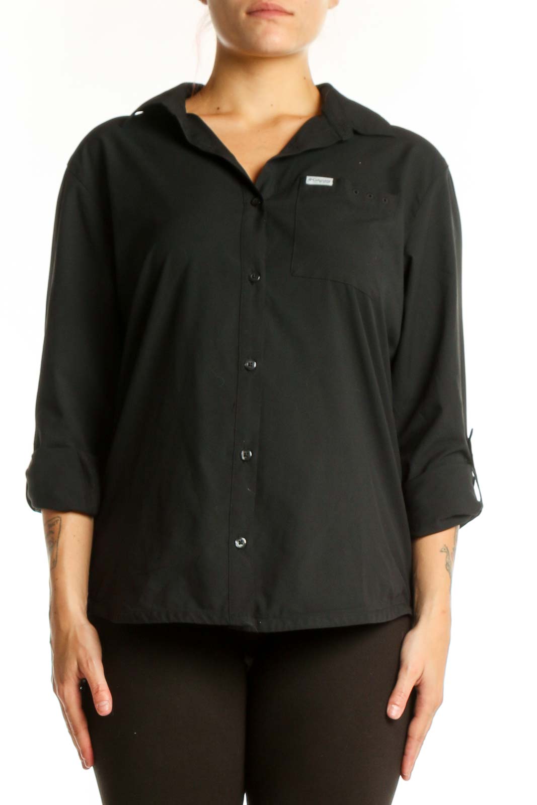 Black button-up collared shirt with rolled sleeves and chest pocket, front view