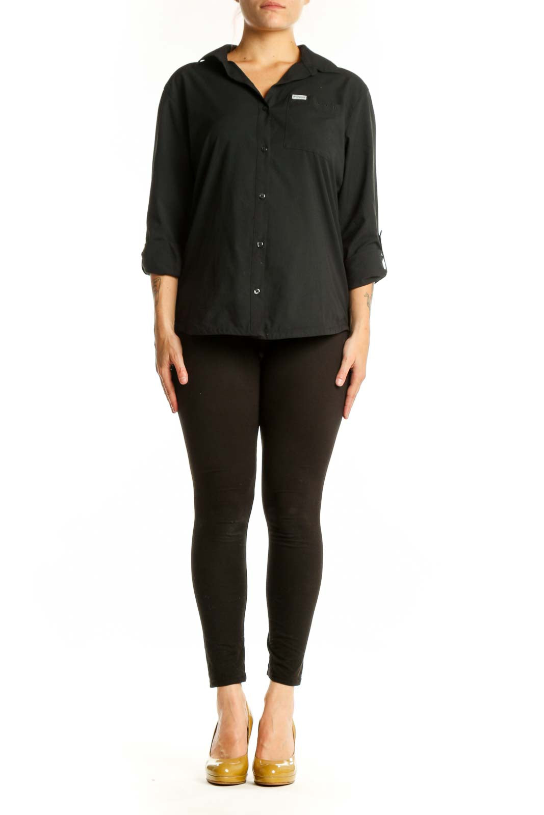 Black button-up collared shirt with rolled sleeves and chest pocket, front view