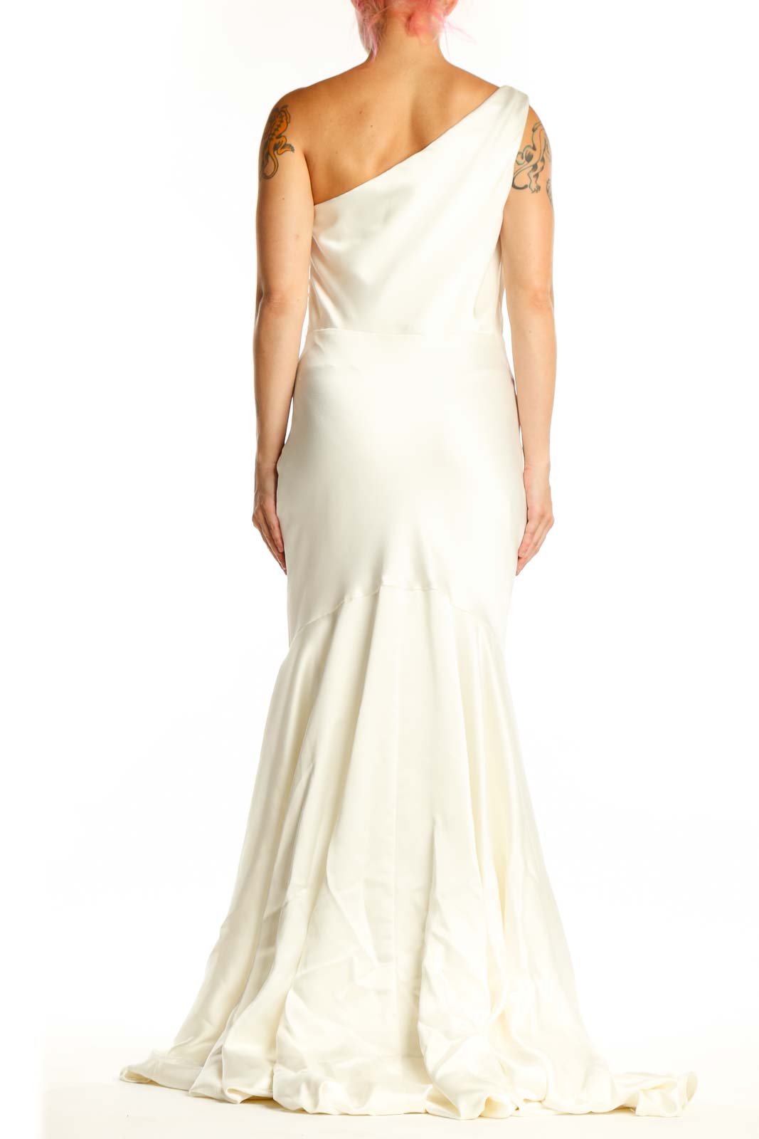 Back view of cream one-shoulder mermaid evening gown showing elegant draping and mermaid silhouette