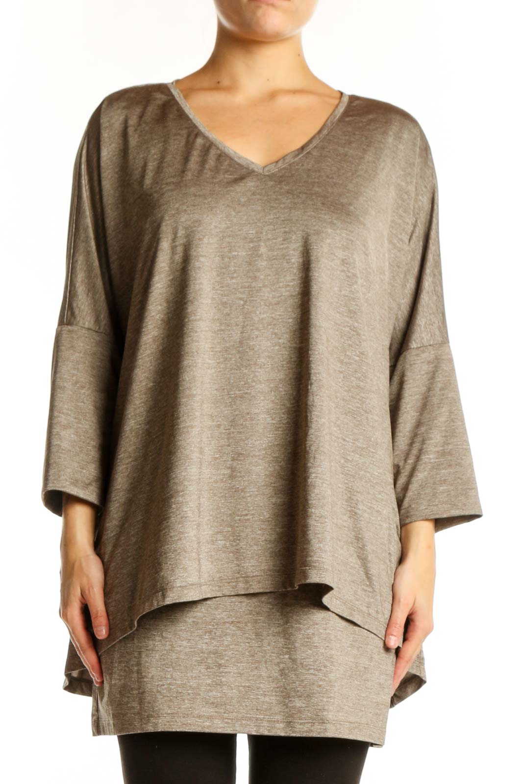 Taupe layered v-neck tunic top with three-quarter sleeves and asymmetrical hemline, front view