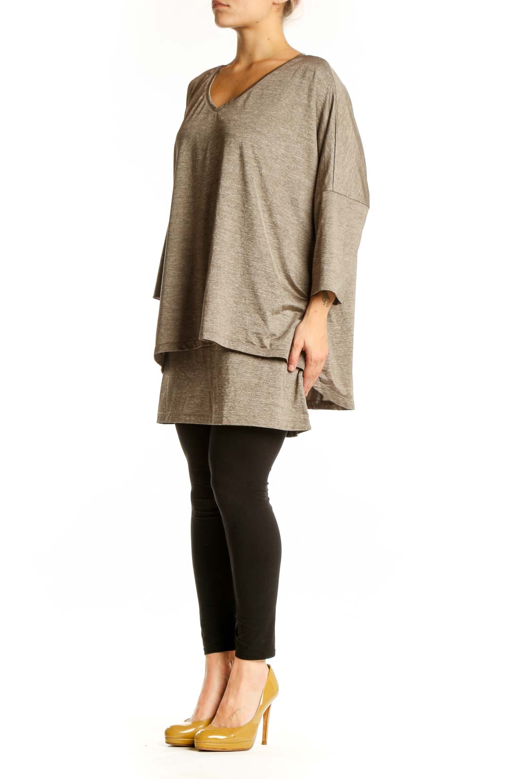 Taupe layered v-neck tunic top with three-quarter sleeves and asymmetrical hemline, front view