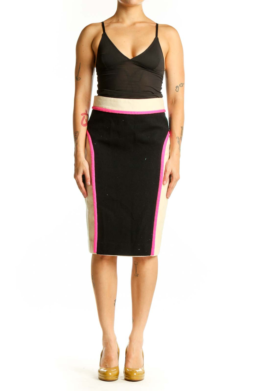 Black pencil skirt with neon pink and cream vertical colorblock stripes, front view