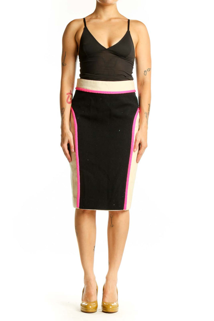 Black pencil skirt with neon pink and cream vertical colorblock stripes, front view