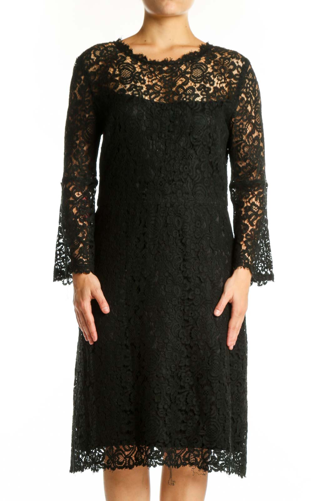 Black lace long sleeve midi dress with crew neckline and lace-trimmed hem, front view