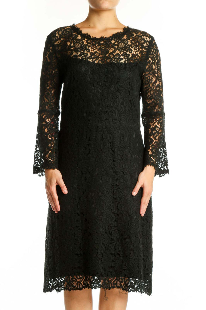 Black lace long sleeve midi dress with crew neckline and lace-trimmed hem, front view