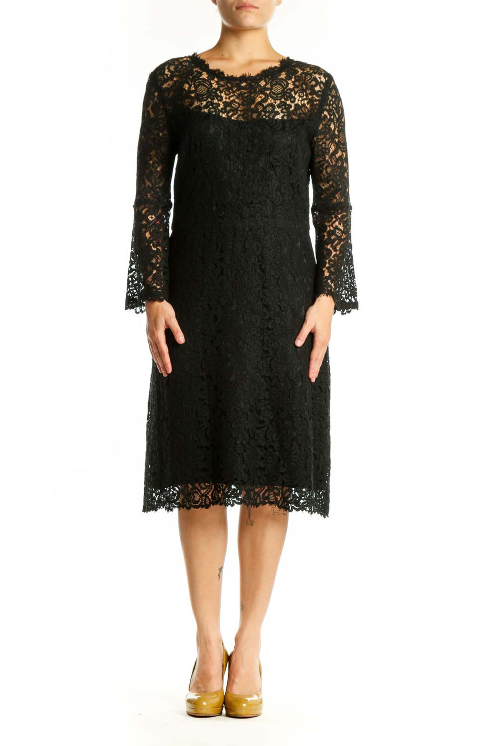 Black lace long sleeve midi dress with crew neckline and lace-trimmed hem, front view