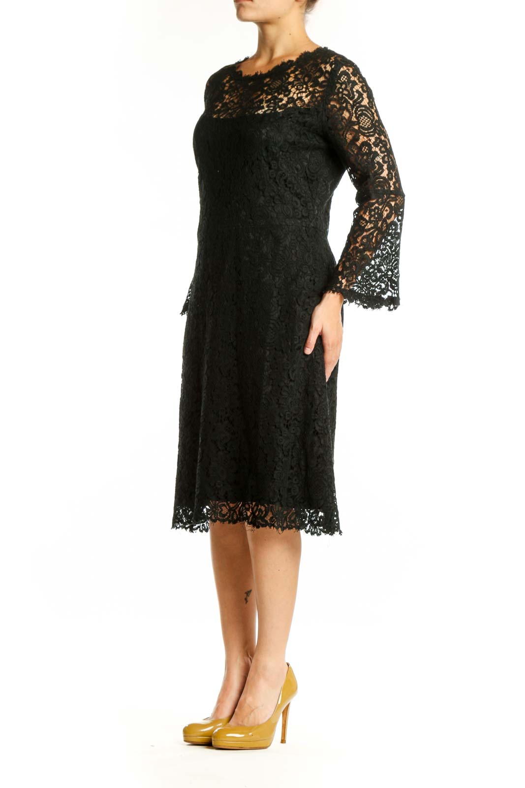 Black lace long sleeve midi dress with crew neckline and lace-trimmed hem, front view