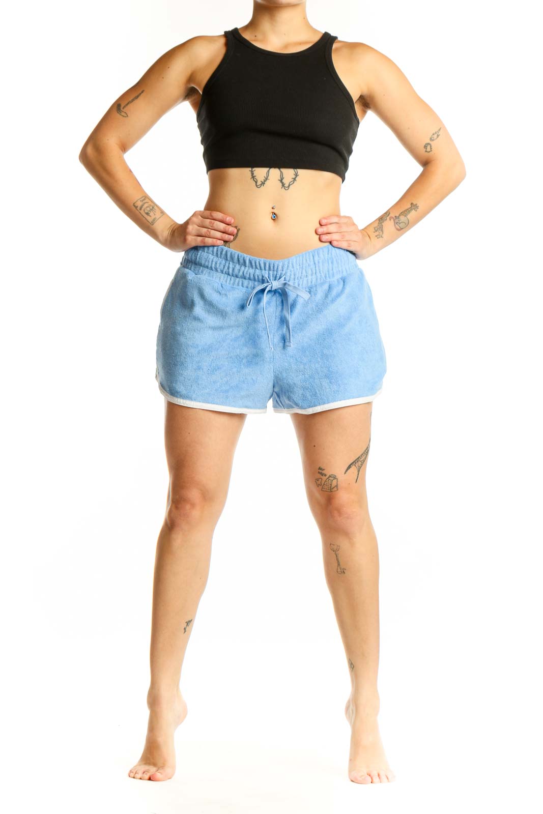 Light blue denim athletic shorts with drawstring waist and white contrast trim, front view