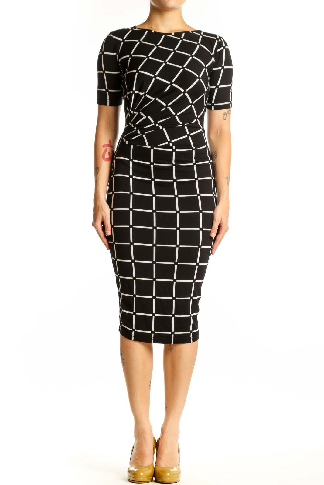 Black and white grid pattern midi dress with short sleeves and ruched waist detail, front view