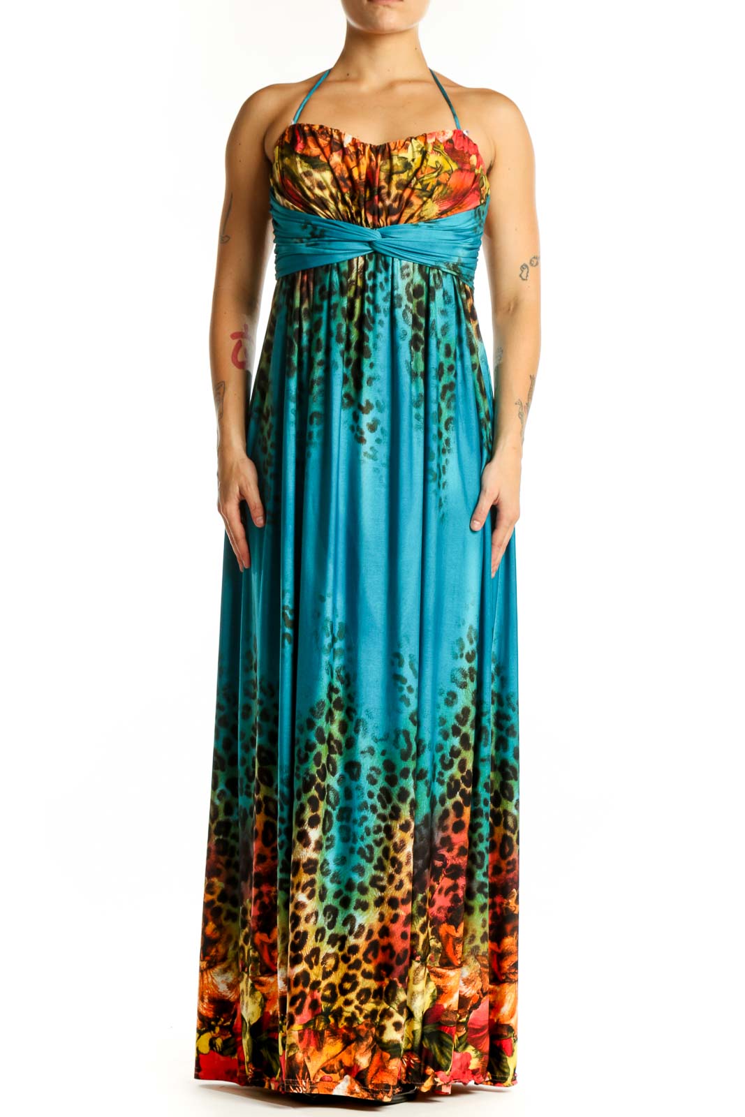 Front view of teal halter maxi dress with floral and leopard print by Joseph Ribkoff