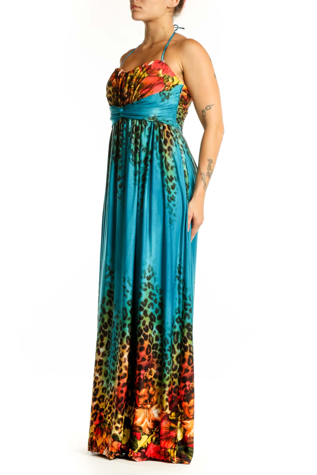 Front view of teal halter maxi dress with floral and leopard print by Joseph Ribkoff
