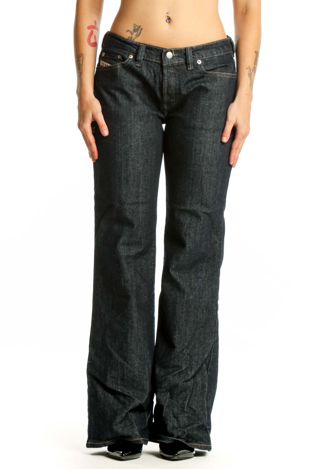 Black Dickies Denim Flare Jeans front view, size L with dark wash and classic five-pocket styling