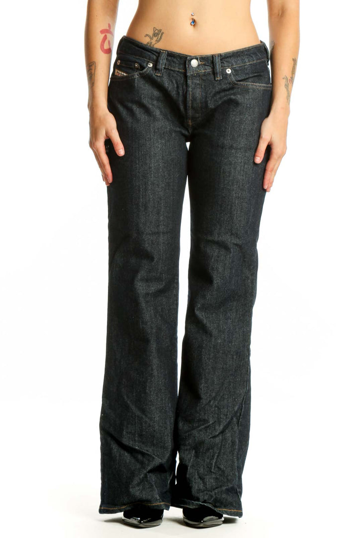 Black Dickies Denim Flare Jeans front view, size L with dark wash and classic five-pocket styling