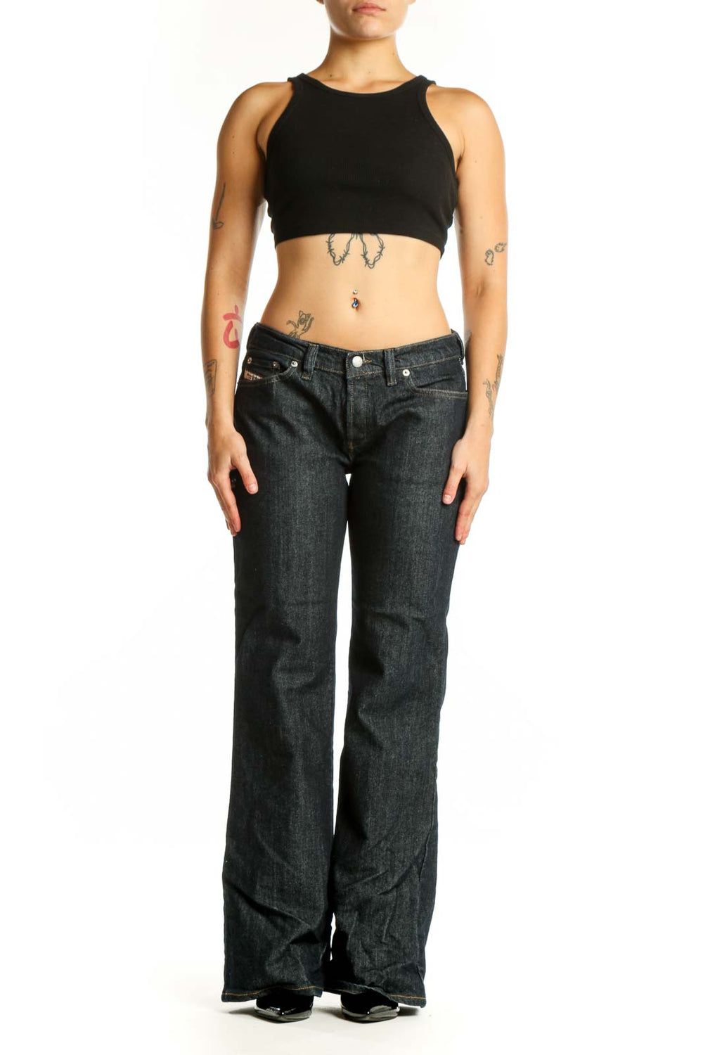 Black Dickies Denim Flare Jeans front view, size L with dark wash and classic five-pocket styling