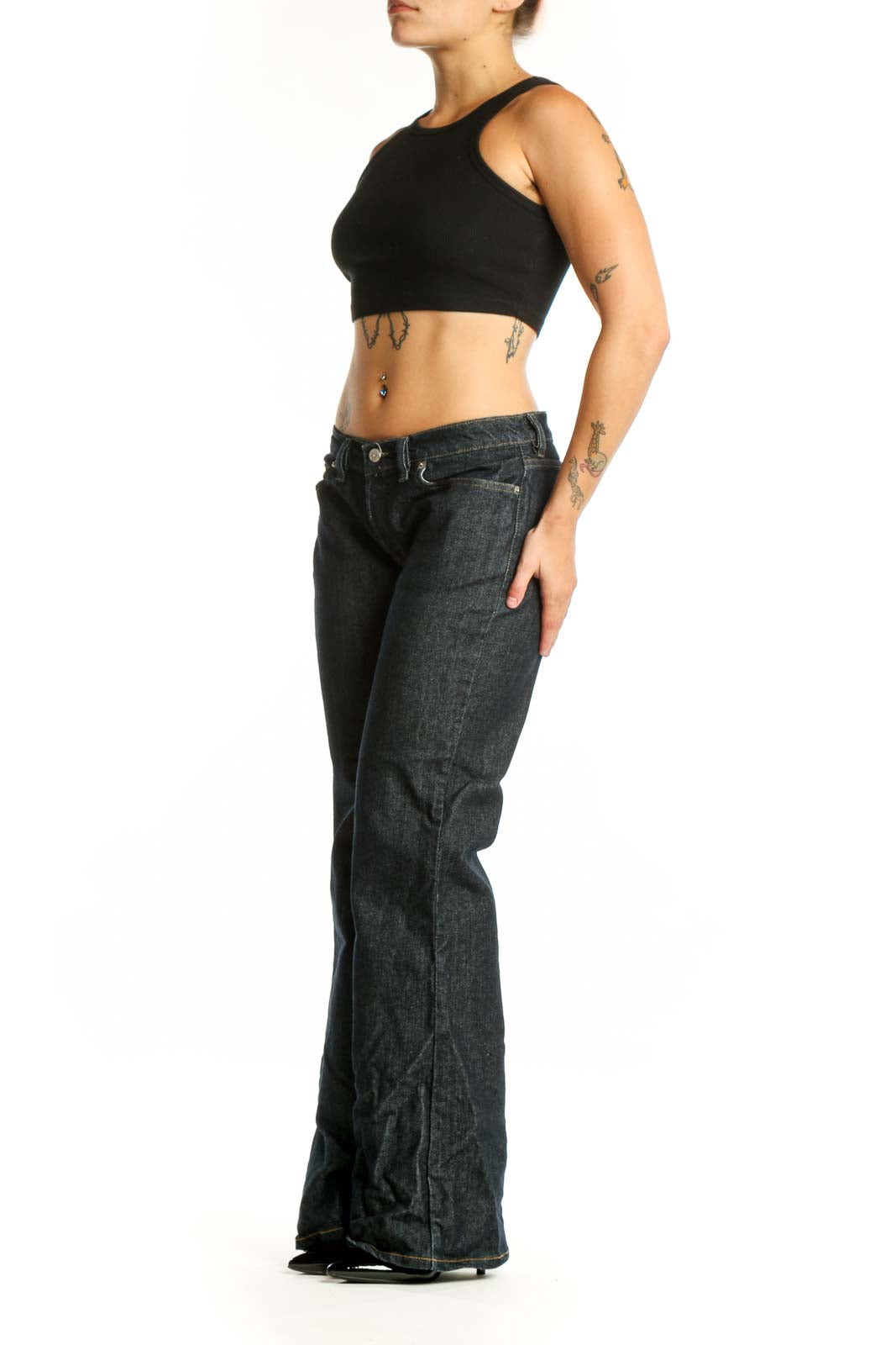 Black Dickies Denim Flare Jeans front view, size L with dark wash and classic five-pocket styling