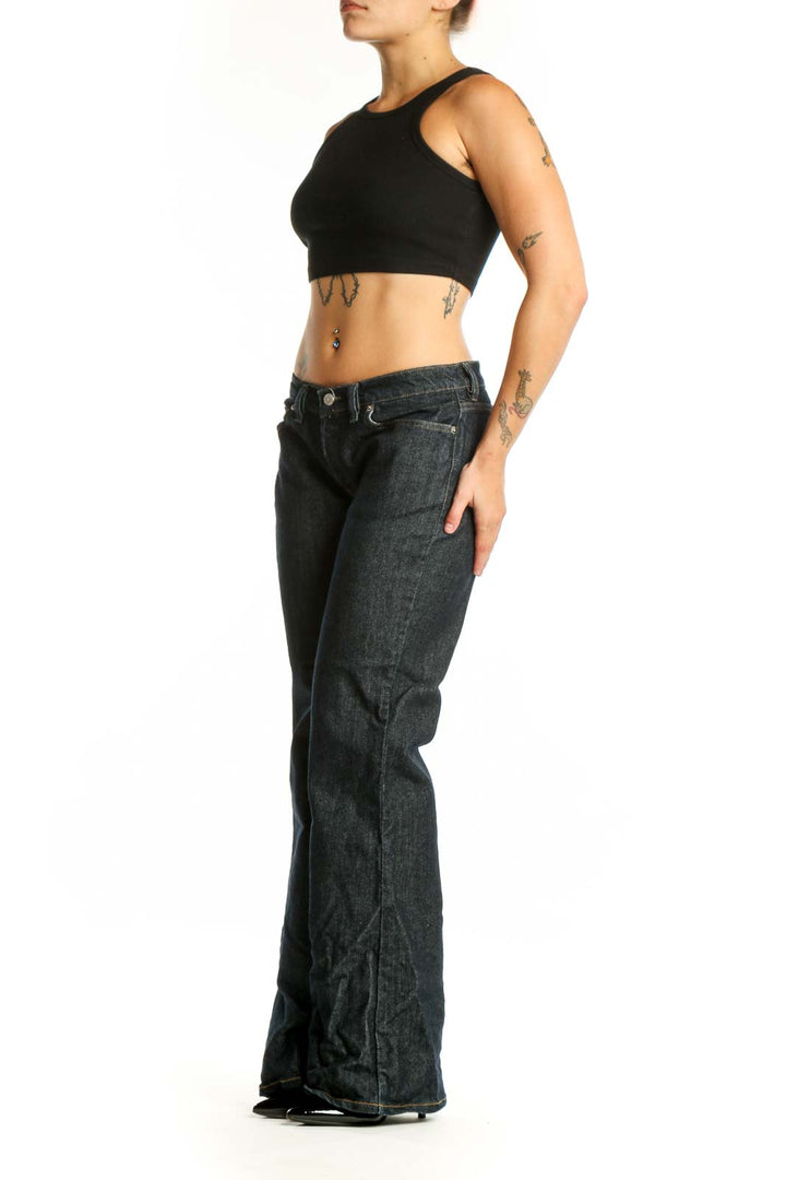 Black Dickies Denim Flare Jeans front view, size L with dark wash and classic five-pocket styling