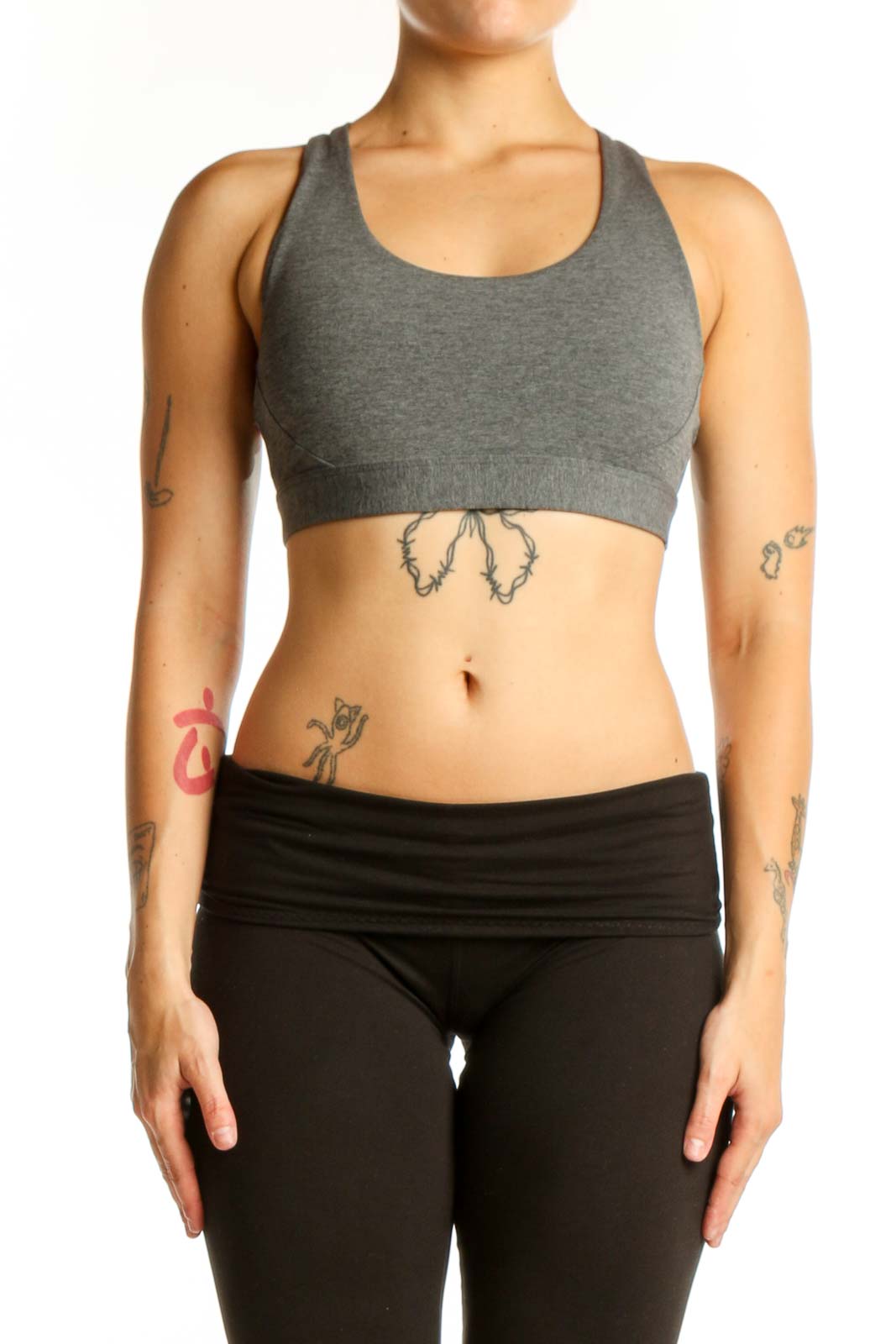 Gray Athleta Racerback Sports Bra with scoop neckline, front view on model