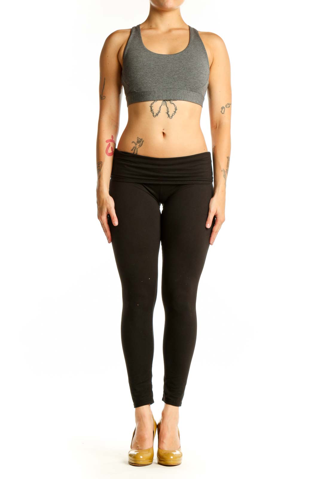 Gray Athleta Racerback Sports Bra with scoop neckline, front view on model