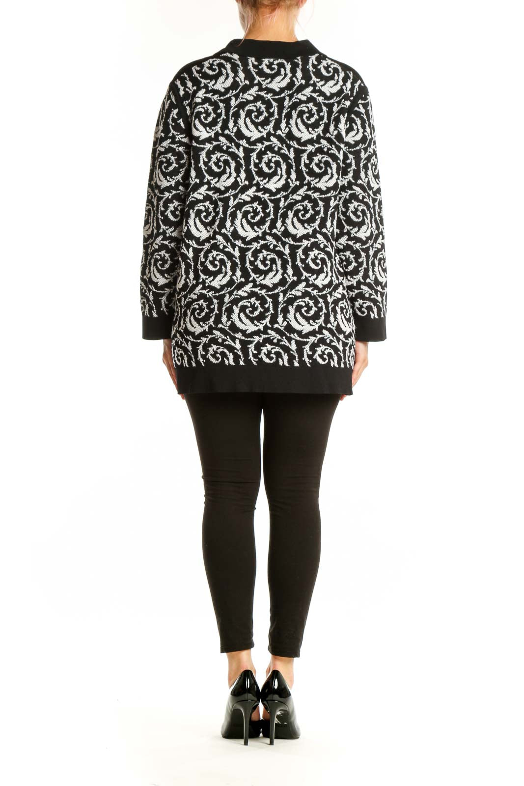 Black and white baroque patterned Karl Lagerfeld Paris pullover top with ribbed cuffs and hem, back view