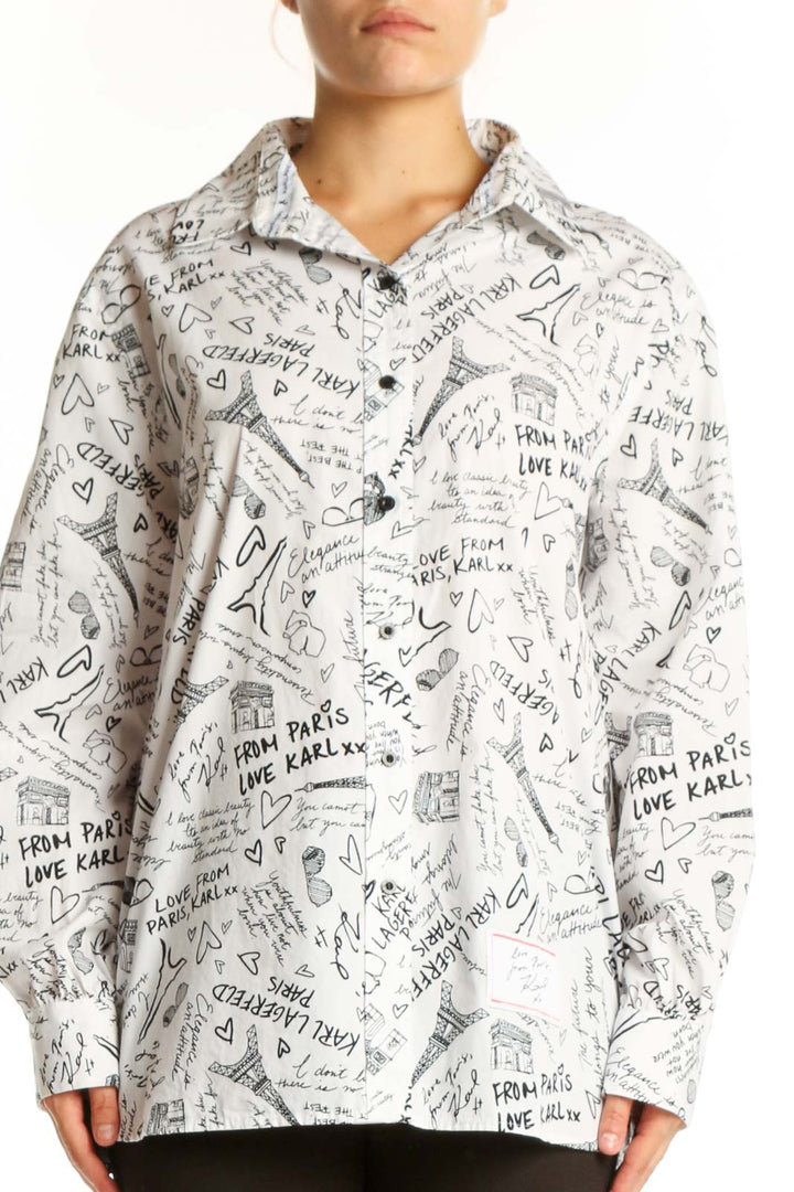 Cream Karl Lagerfeld cotton button-up shirt with Paris-themed graphic print and hearts, front view on model