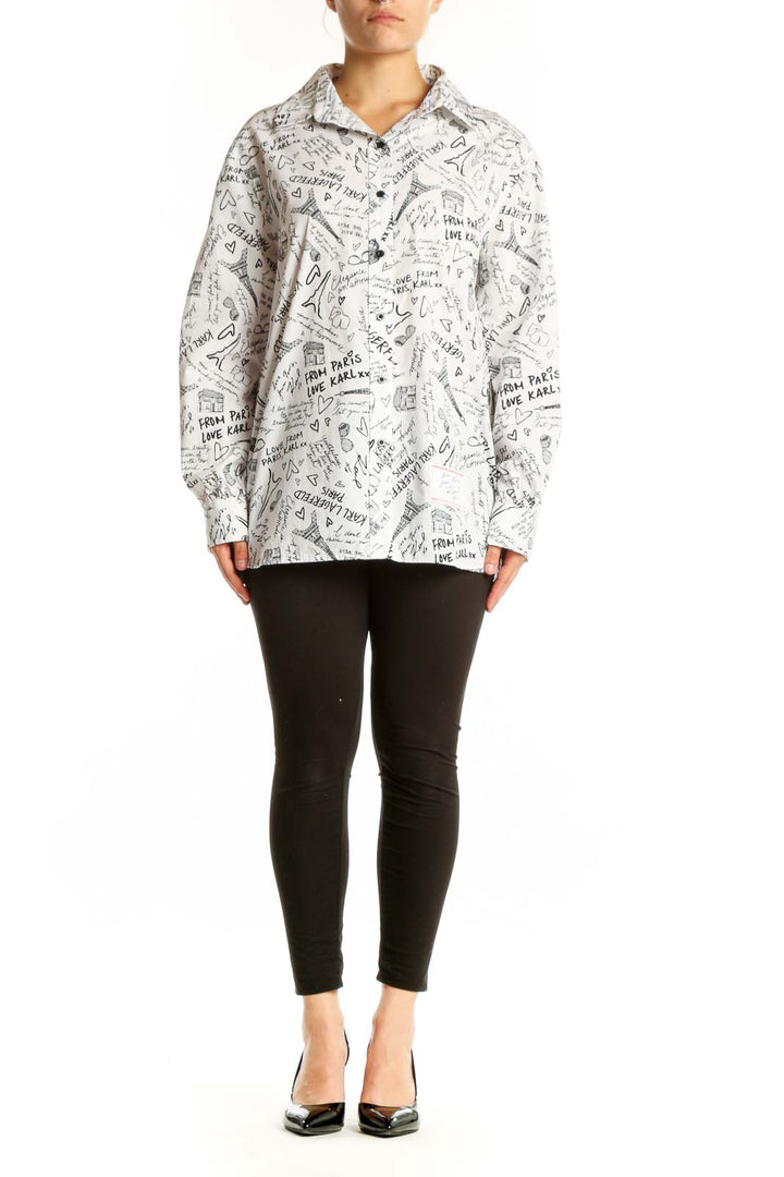 Cream Karl Lagerfeld cotton button-up shirt with Paris-themed graphic print and hearts, front view on model