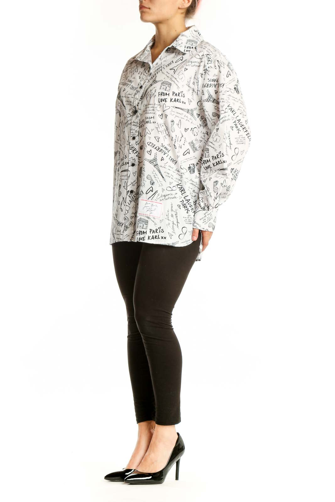 Cream Karl Lagerfeld cotton button-up shirt with Paris-themed graphic print and hearts, front view on model