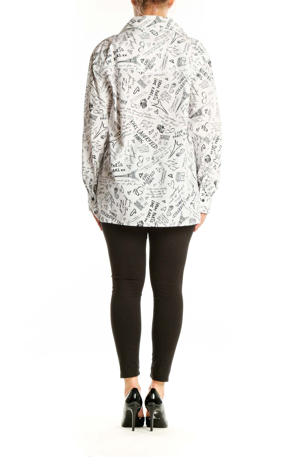 Cream Karl Lagerfeld cotton button-up shirt with all-over Paris graphic design, back view on model