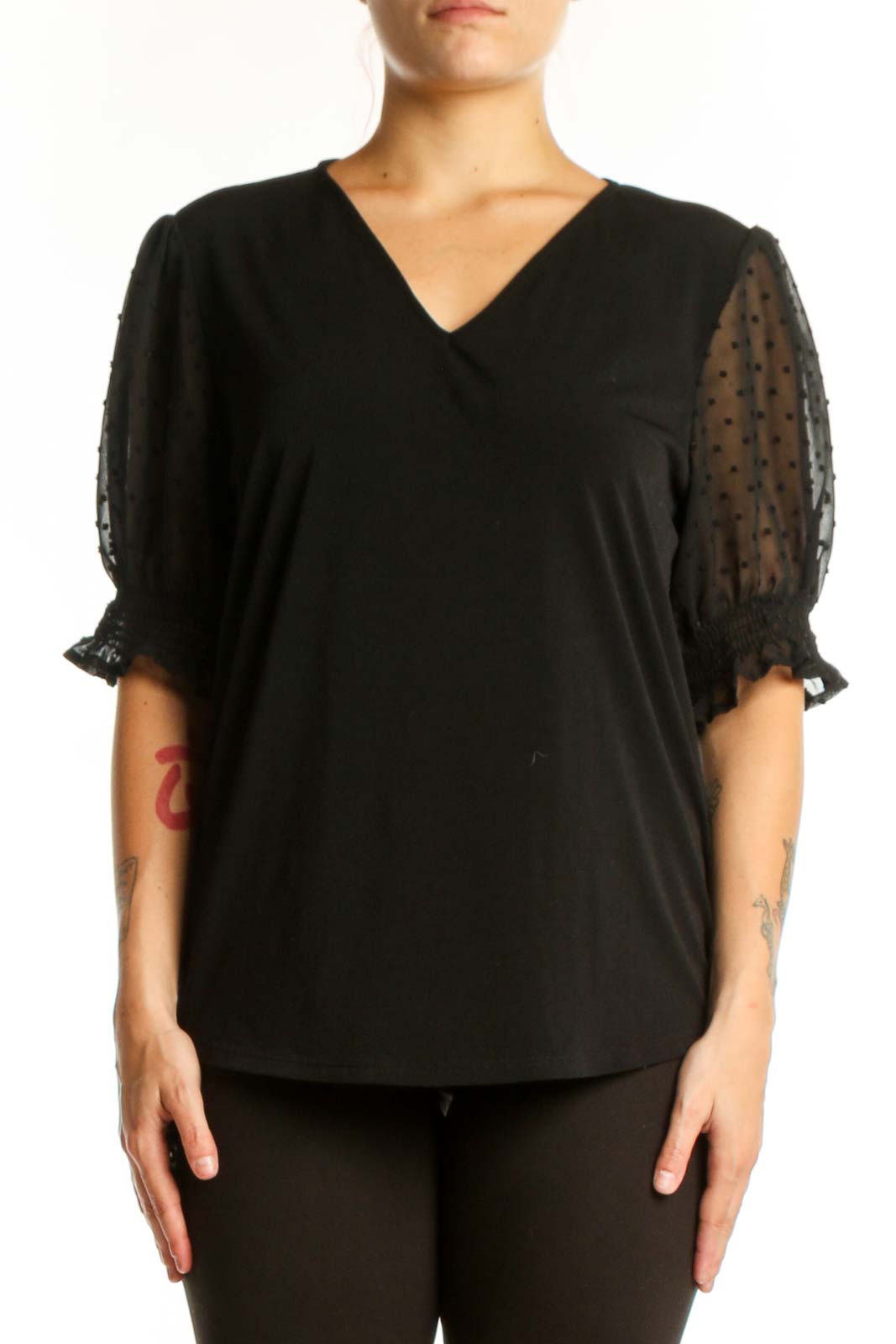 Black V-neck puff sleeve top with dotted mesh details by Adrianna Papell, front view