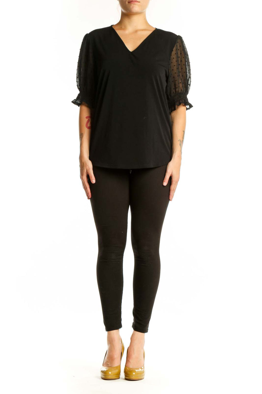 Black V-neck puff sleeve top with dotted mesh details by Adrianna Papell, front view