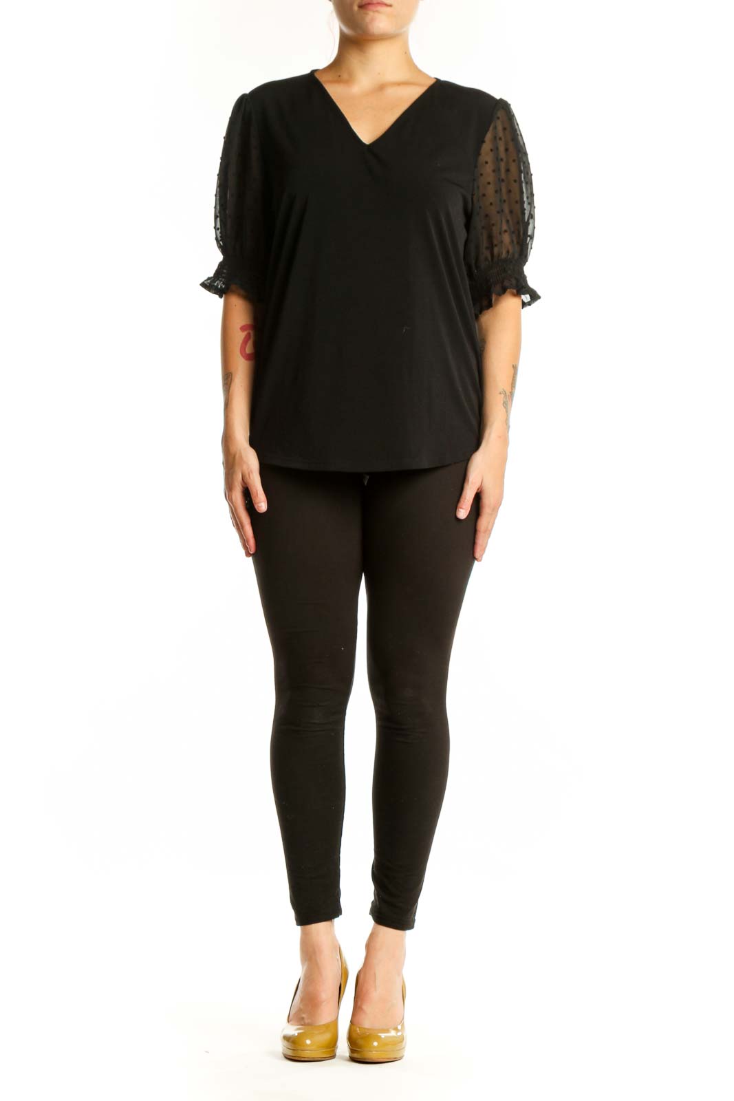 Black V-neck puff sleeve top with dotted mesh details by Adrianna Papell, front view