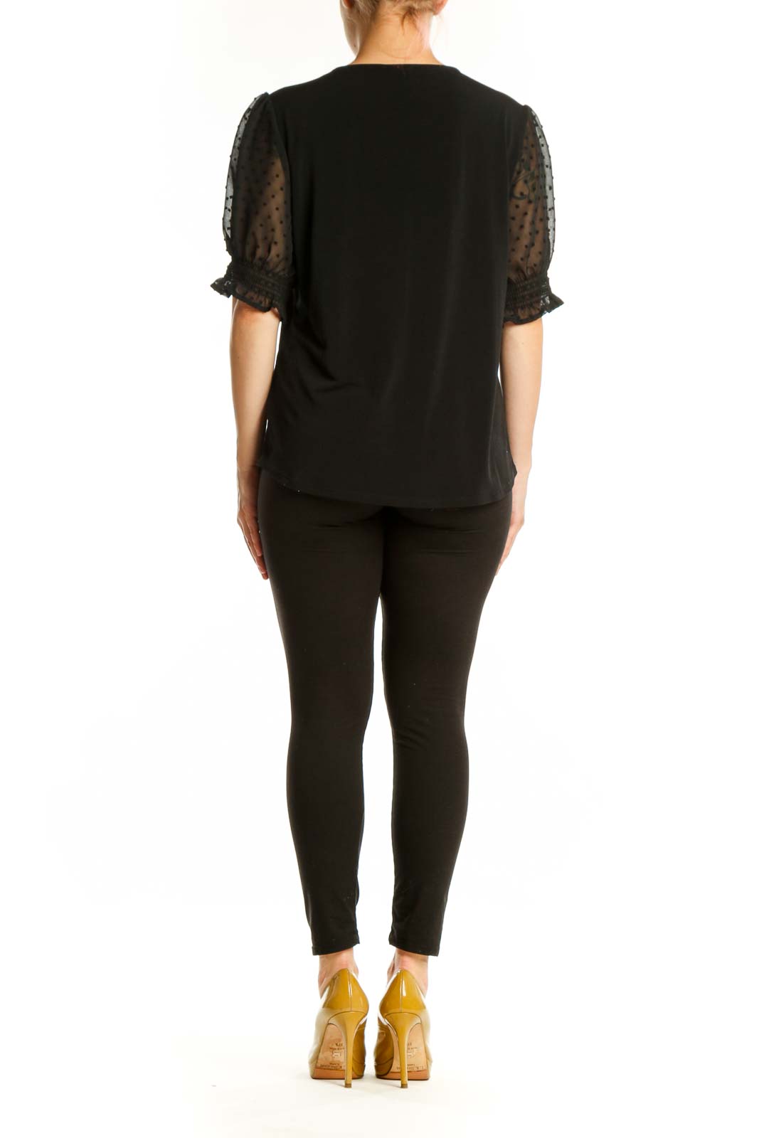 Black V-neck puff sleeve top with dotted mesh details by Adrianna Papell, back view
