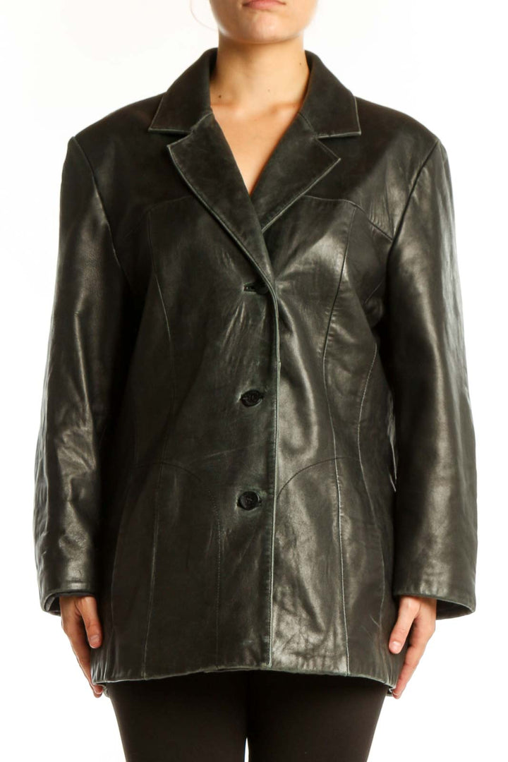 Black genuine leather blazer with notched collar and button-front closure, front view on model