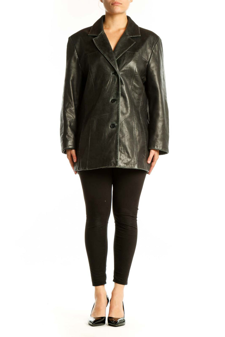 Black genuine leather blazer with notched collar and button-front closure, front view on model