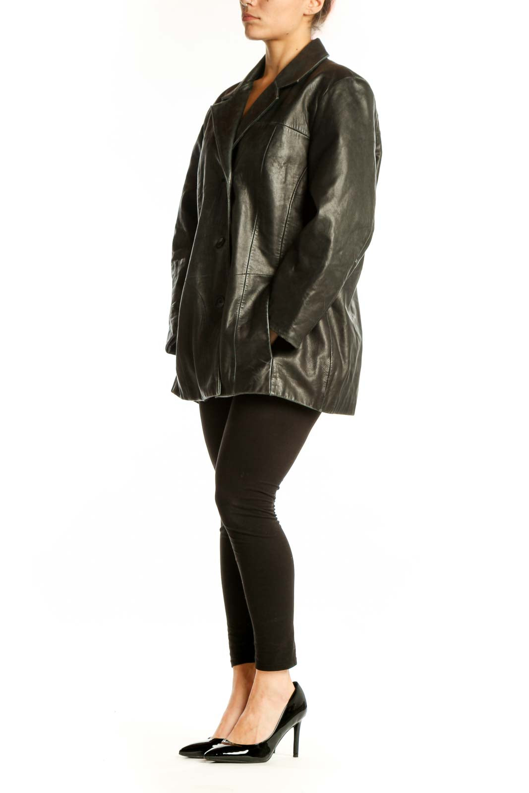 Black genuine leather blazer with notched collar and button-front closure, front view on model