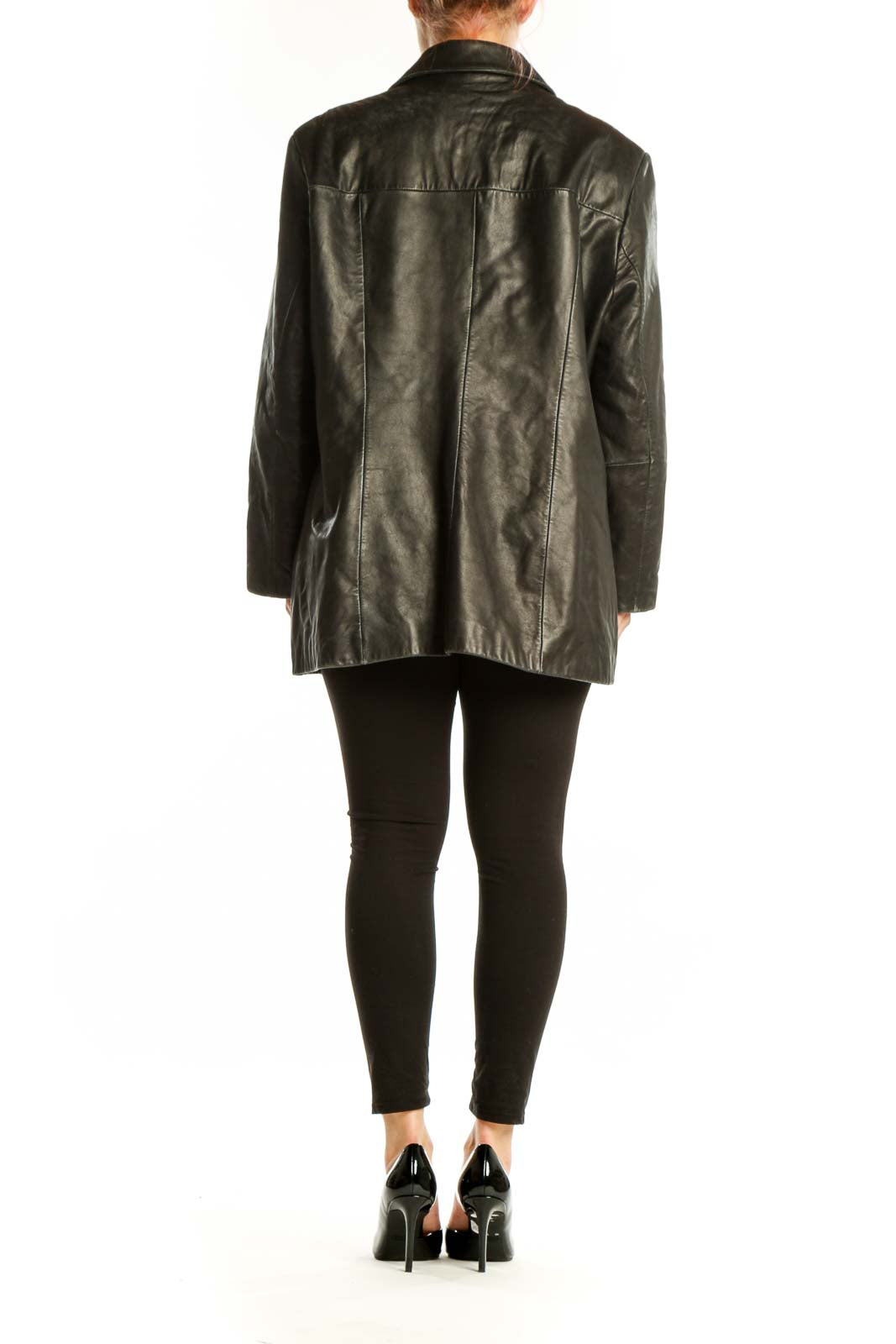 Black genuine leather blazer back view, showing structured silhouette and tailored fit