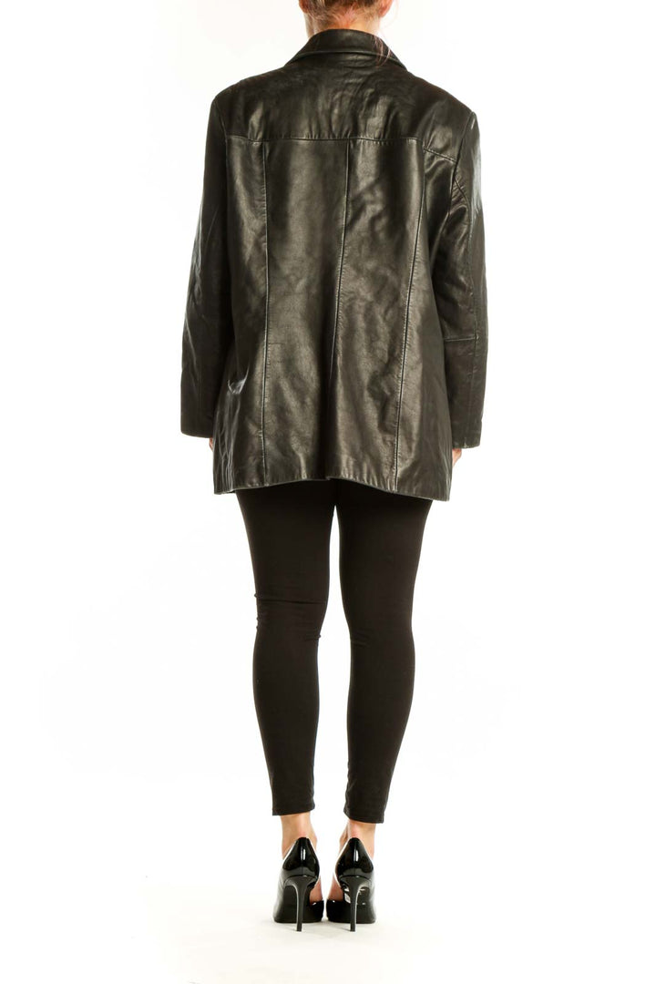 Black genuine leather blazer back view, showing structured silhouette and tailored fit