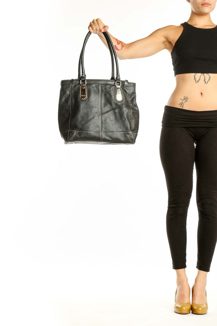 Black leather and canvas Tignanello shoulder tote bag with dual handles, front view