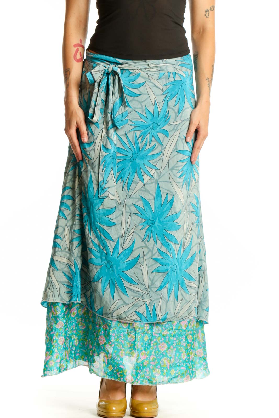 Turquoise and cream floral wrap maxi skirt with layered design and adjustable tie waist, front view