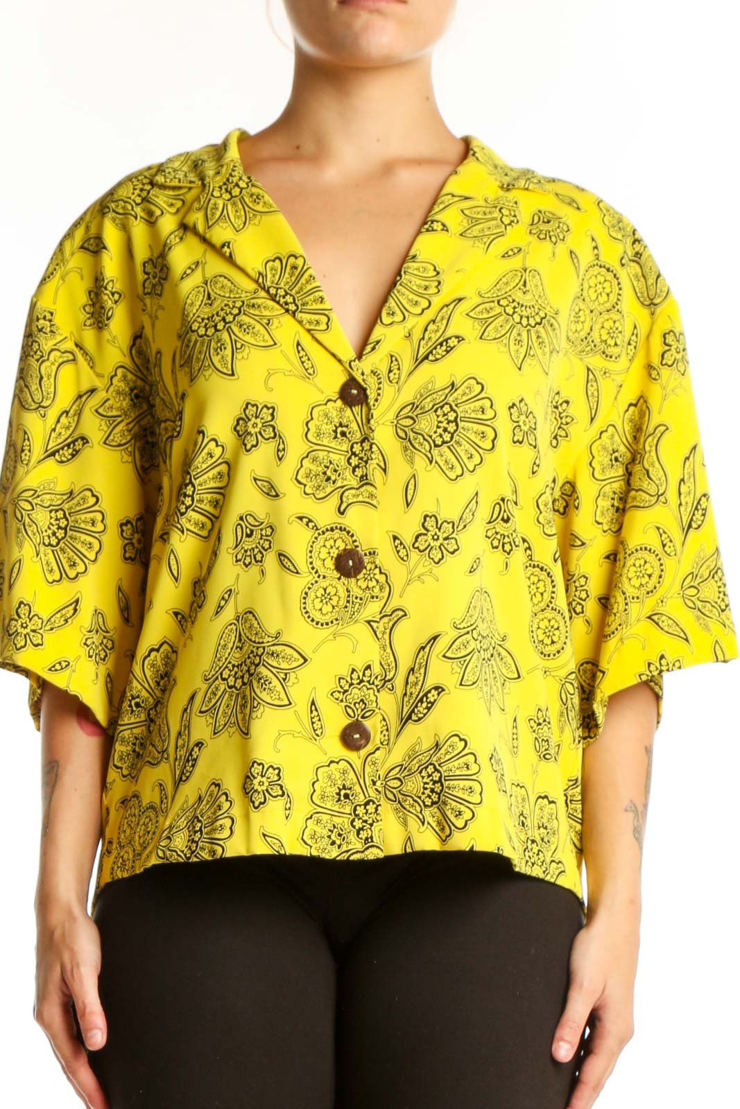 Yellow floral button-up blouse with botanical print and V-neckline, front view