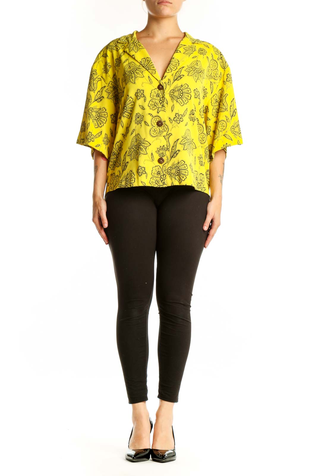 Yellow floral button-up blouse with botanical print and V-neckline, front view